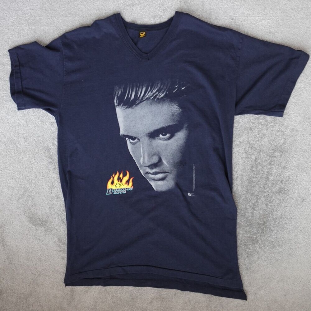 Vintage Elvis Presley Shirt Men 2XL Black Portrait Graphic V Neck Split Hem 1991